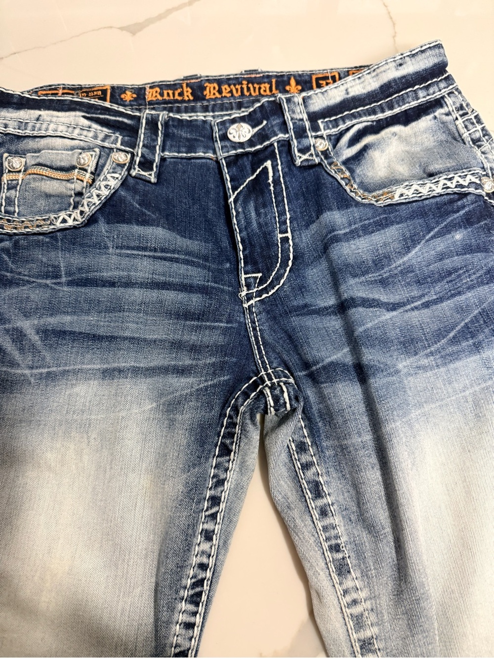 Rock Revival Faded Indigo Blue Embroidered Pocket Jeans